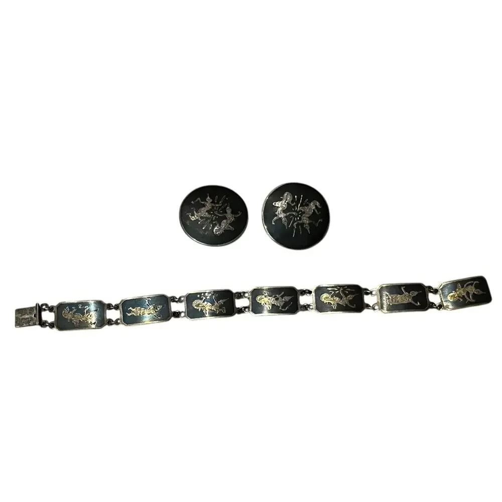 Vtg sterling Thai Siam Nielloware Link 8” bracelet & Earrings (1.25”)